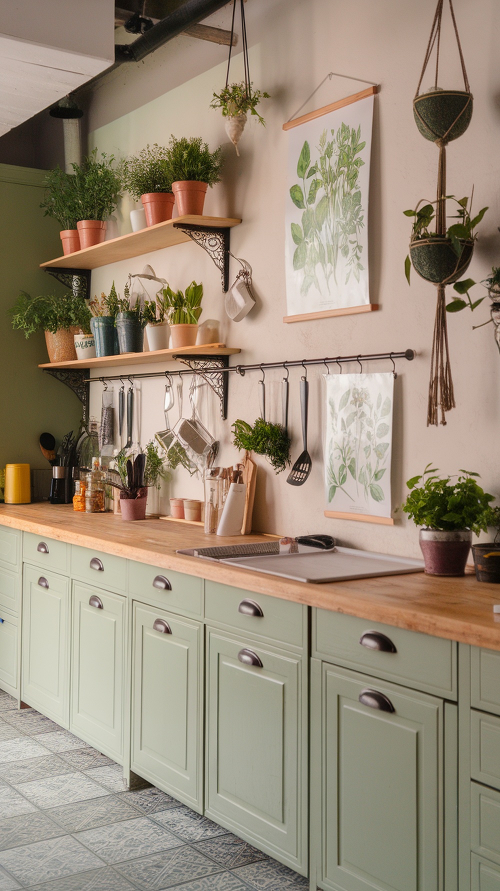 A boho-style kitchen with green cabinets, wooden counters, and shelves filled with potted herbs.