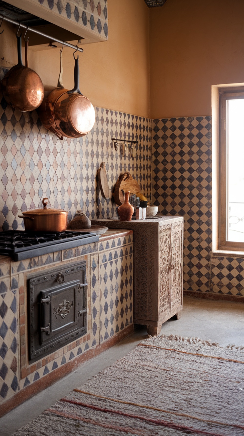 A cozy Moroccan boho kitchen featuring tiled walls, carved cabinetry, hanging copper pots, and a warm rug.