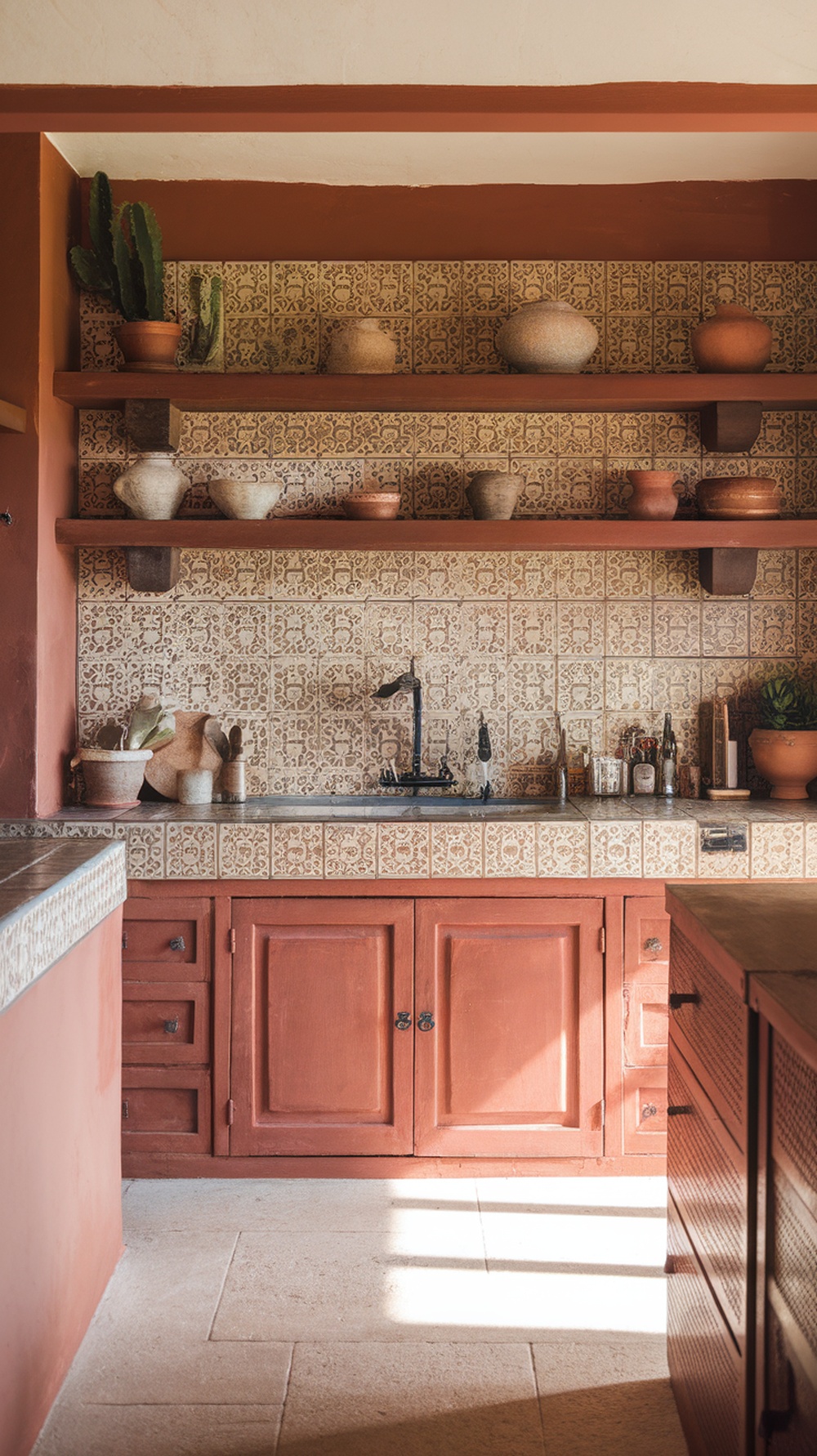 A boho-style kitchen featuring terracotta colors, open shelves with pottery, and patterned tiles.