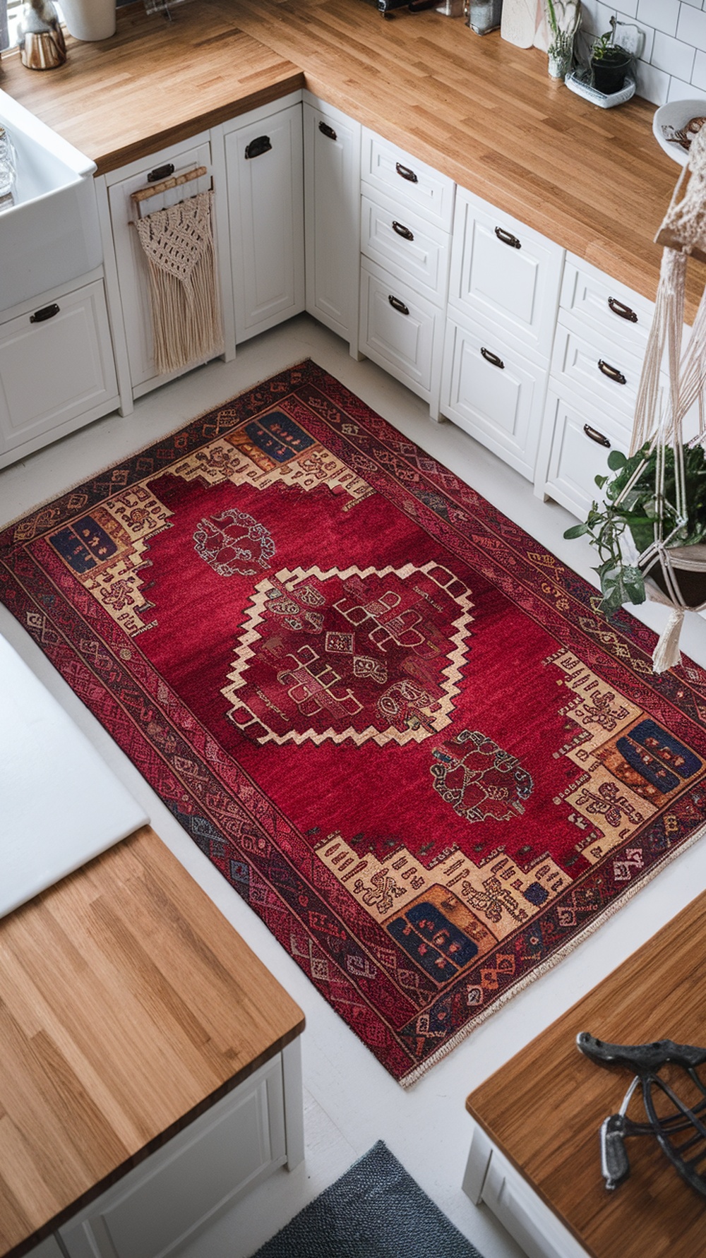 A vintage rug in a bright, cozy kitchen with white cabinets and wooden countertops.